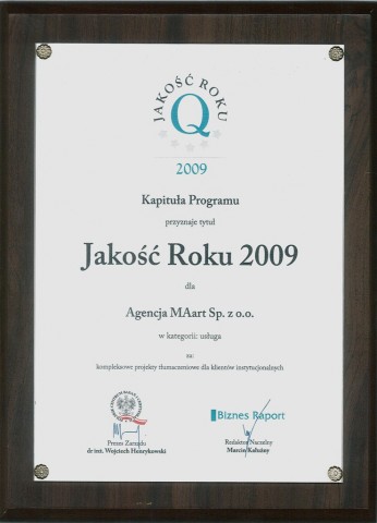 Nagroda dla Agencji MAart - Jakość Roku 2009